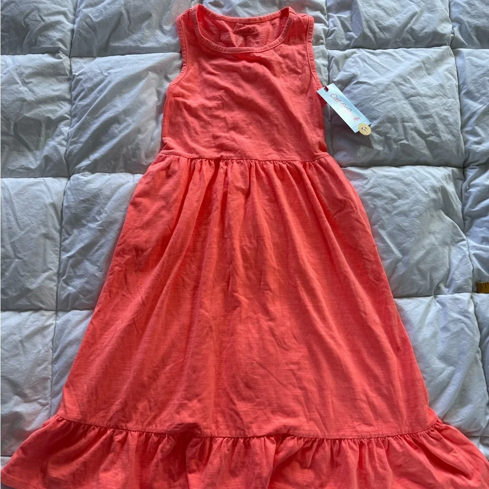 Size 4/5  Coral Girl’s Knit Maxi Dress Twist Back w/pockets Super Bright